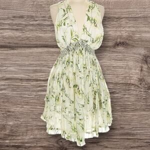 Karen Millen NWT ($350) | green, cream floral smocked beaded swing dress | US 8